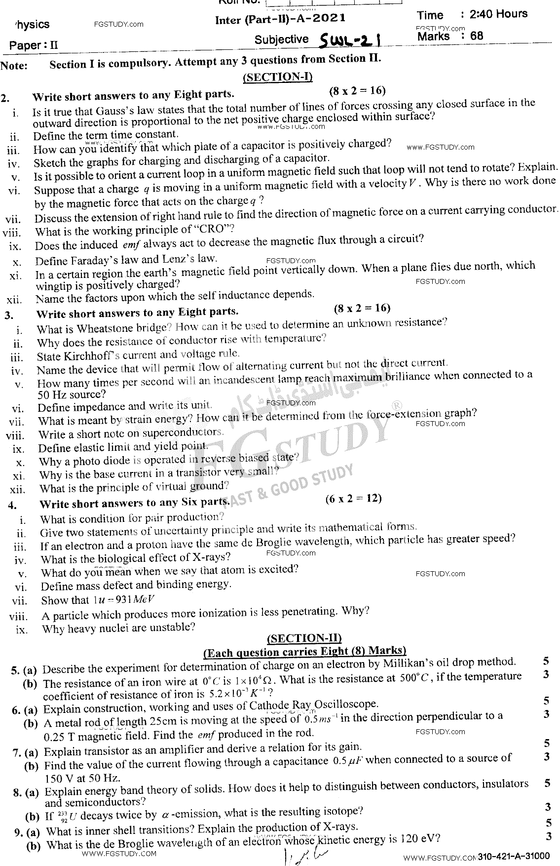 12th Class Physics Past Paper 2021 Sahiwal Board Subjective