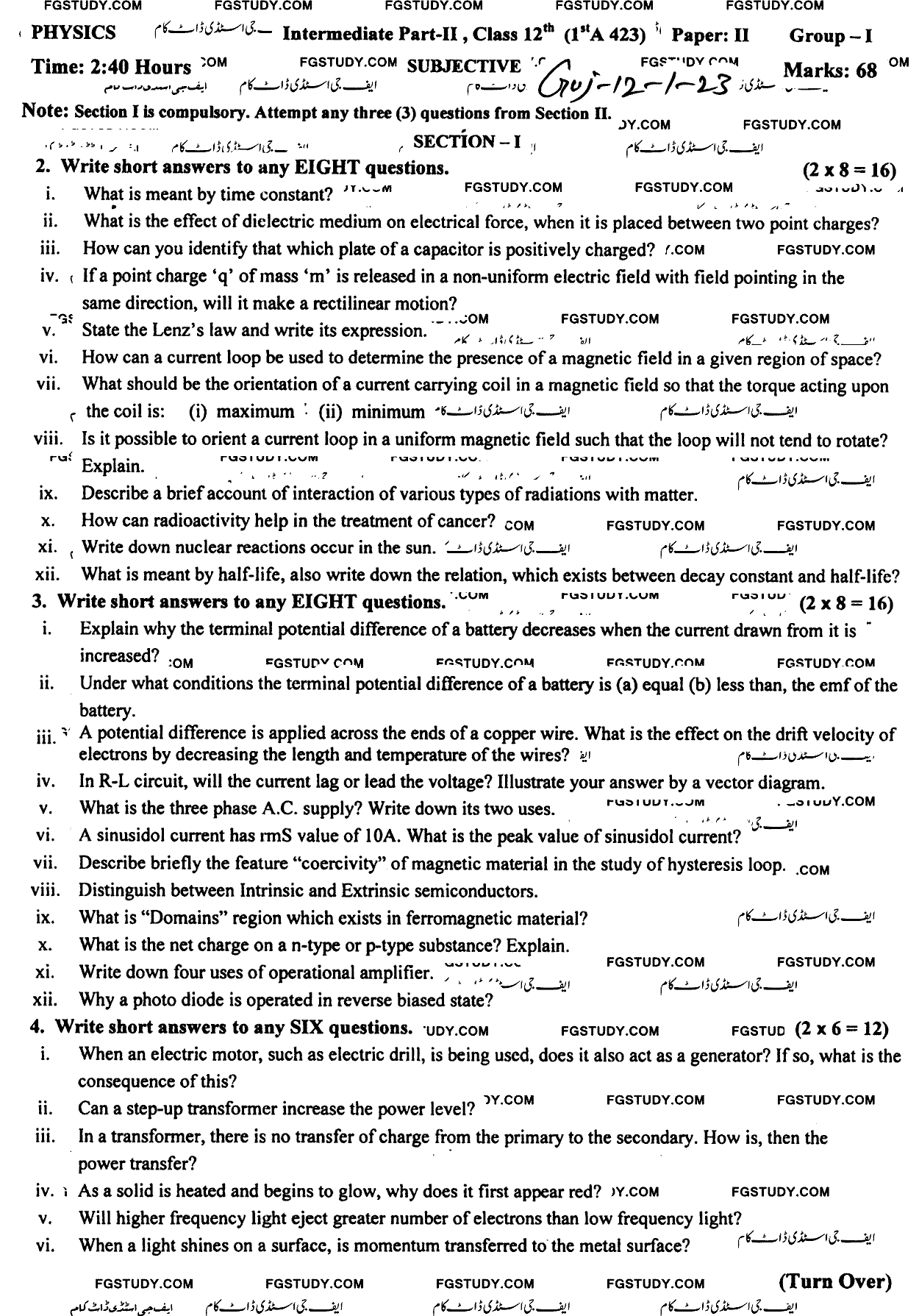 12th Class Physics Past Paper 2023 Gujranwala Board Group 1 Subjective