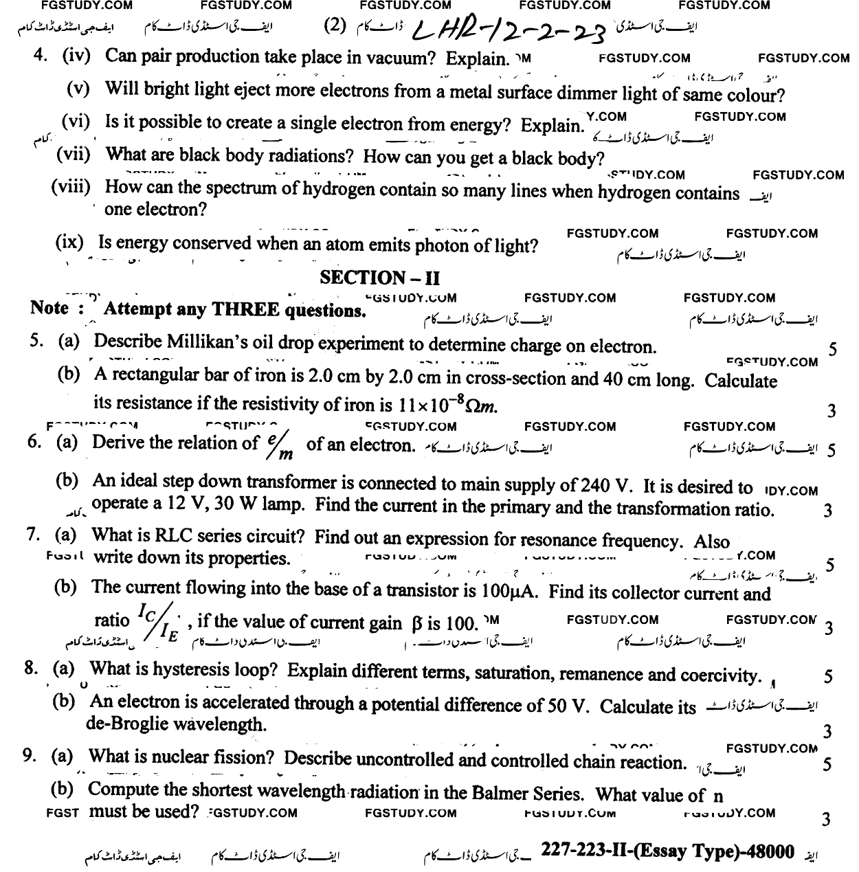 12th Class Physics Past Paper 2023 Lahore Board Group 2 Subjective