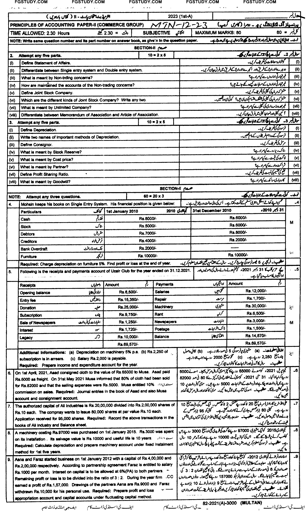 12th Class Principles Of Accounting Past Paper 2023 Multan Board Subjective