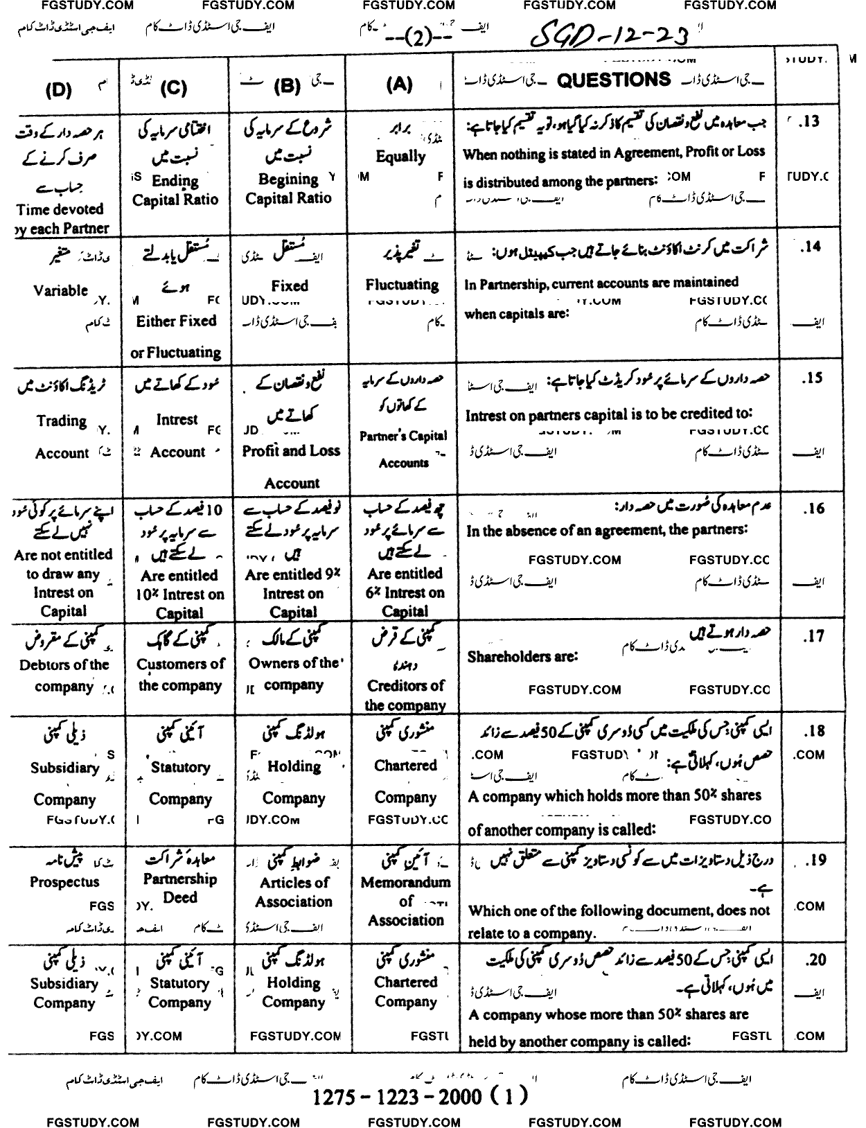 12th Class Principles Of Accounting Past Paper 2023 Sargodha Board Objective