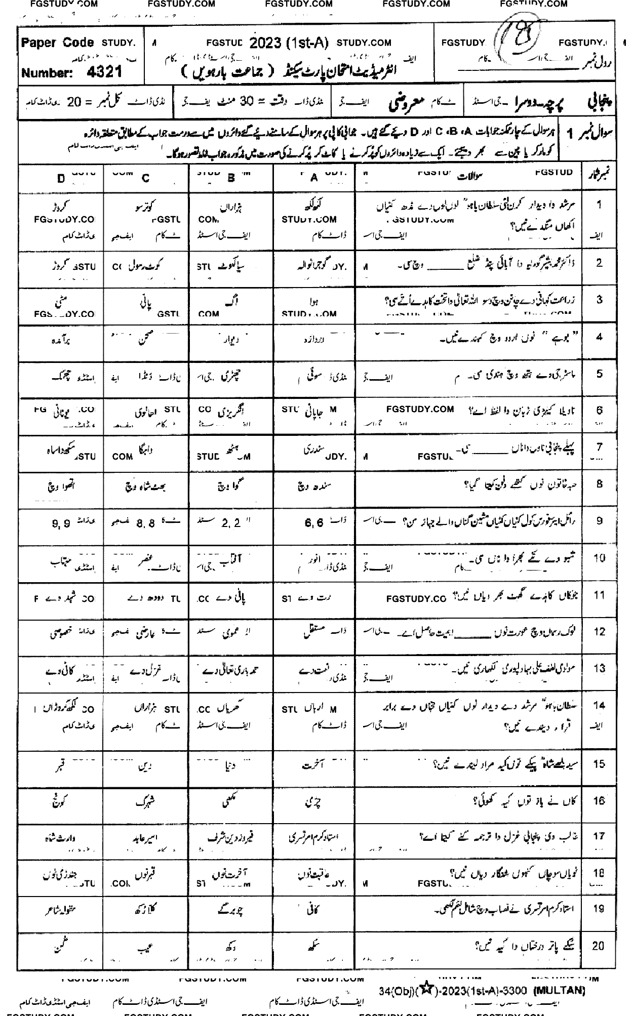 12th Class Punjabi Past Paper 2023 Multan Board Objective