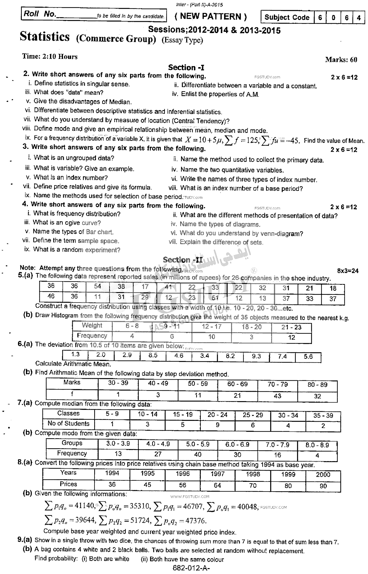 12th Class Statistics Past Paper 2015 Rawalpindi Board Subjective