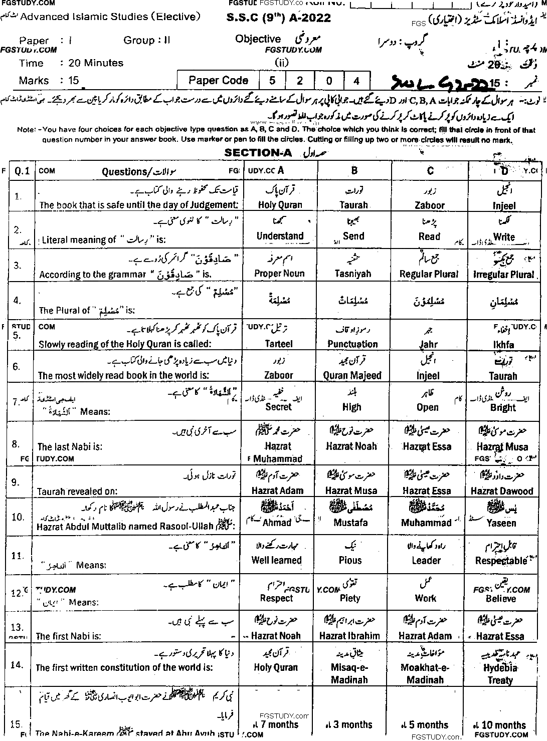9th Class Advance Islamic Studies Past Paper 2022 Sahiwal Board Group 2 Objective