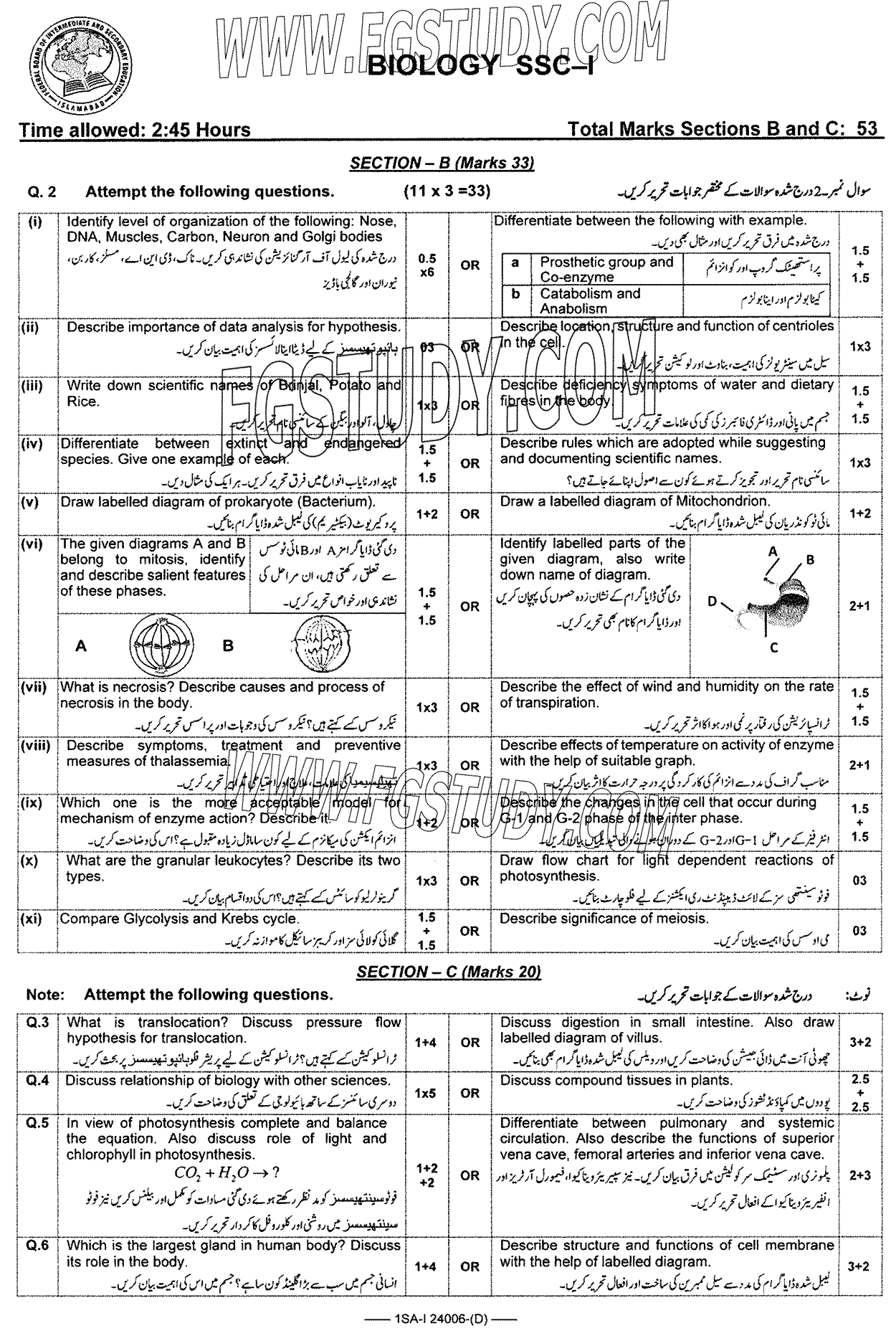 9th Class Biology Past Paper 2024 Federal Board Islamabad Group 1 Subjective
