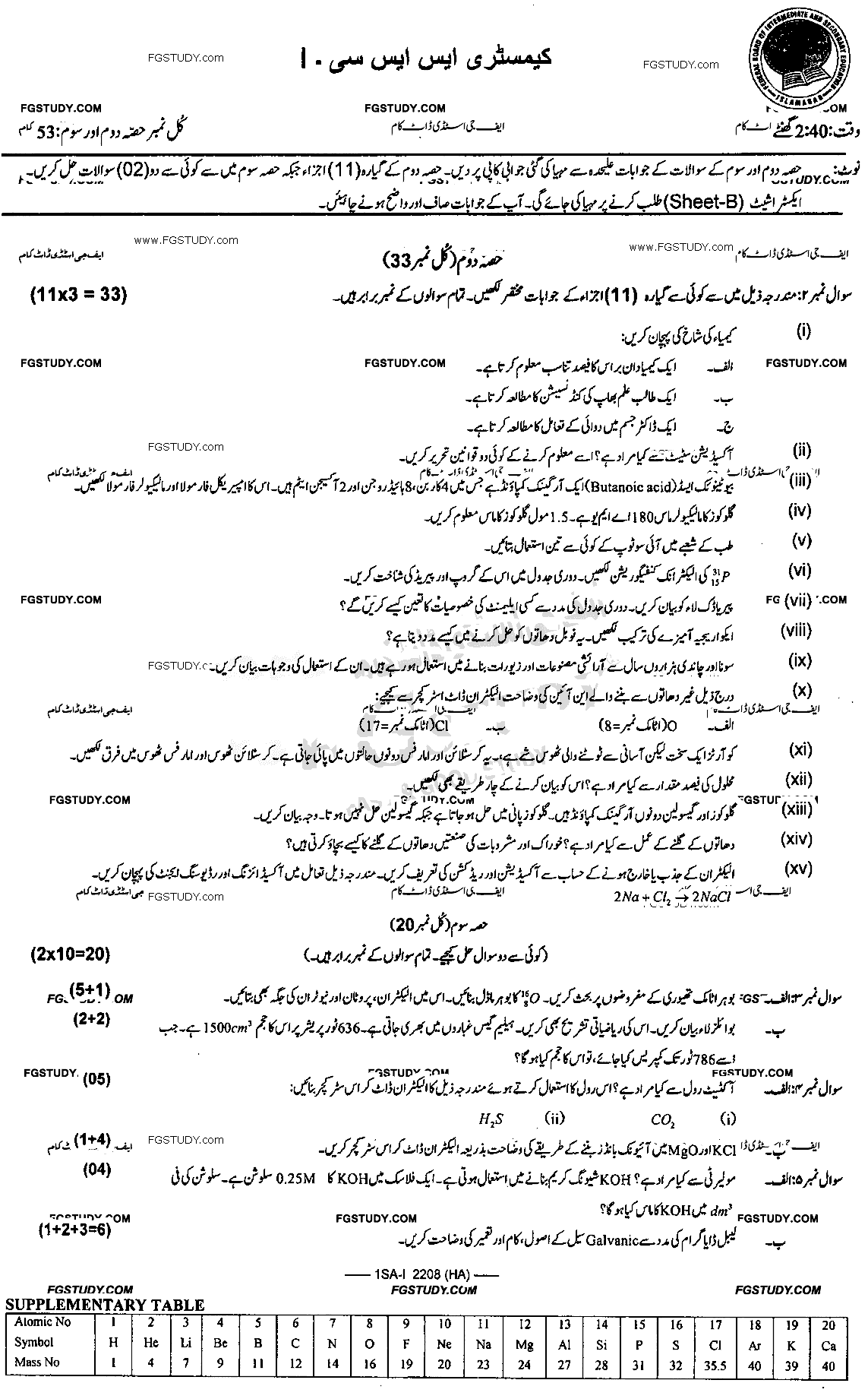 9th Class Chemistry Past Paper 2022 Federal Board Islamabad Group 1 Subjective
