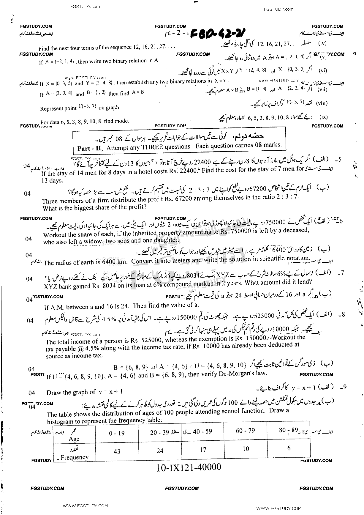 9th Class General Mathematics Past Paper 2021 Faisalabad Board Group 2 Subjective