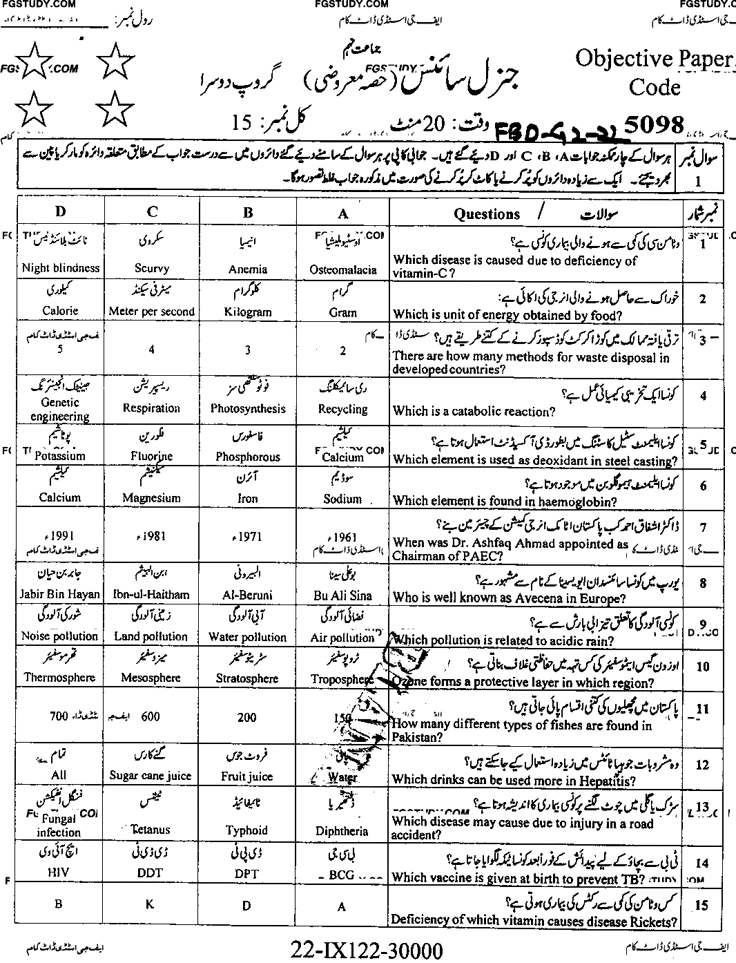 9th Class General Science Past Paper 2022 Faisalabad Board Group 2 Objective