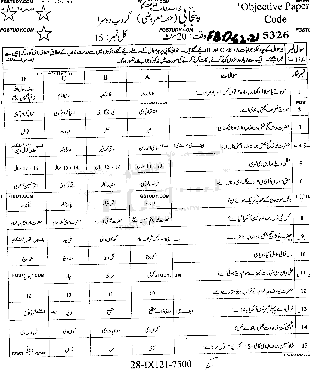 9th Class Punjabi Past Paper 2021 Faisalabad Board Objective