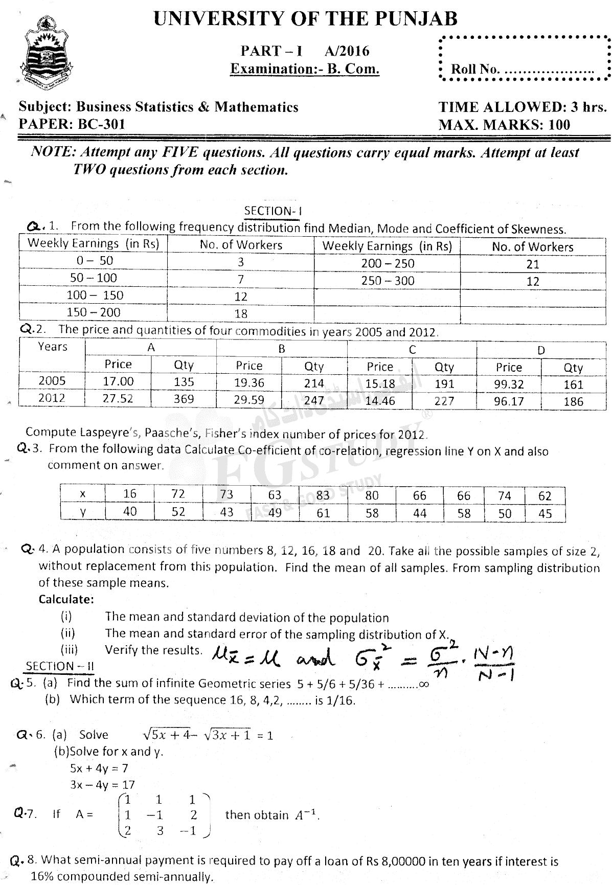 B Com Part 1 Business Mathematics And Statistics Past Paper 2016 Punjab University