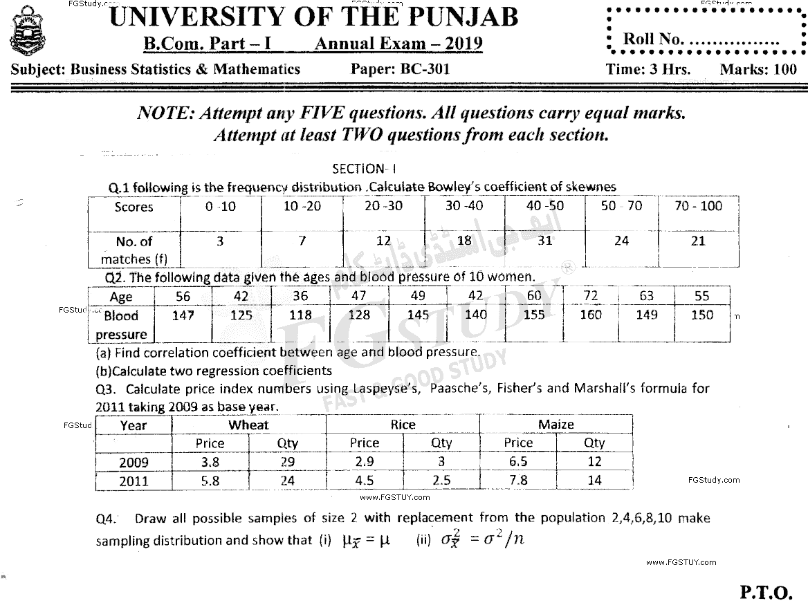B Com Part 1 Business Mathematics And Statistics Past Paper 2019 Punjab University