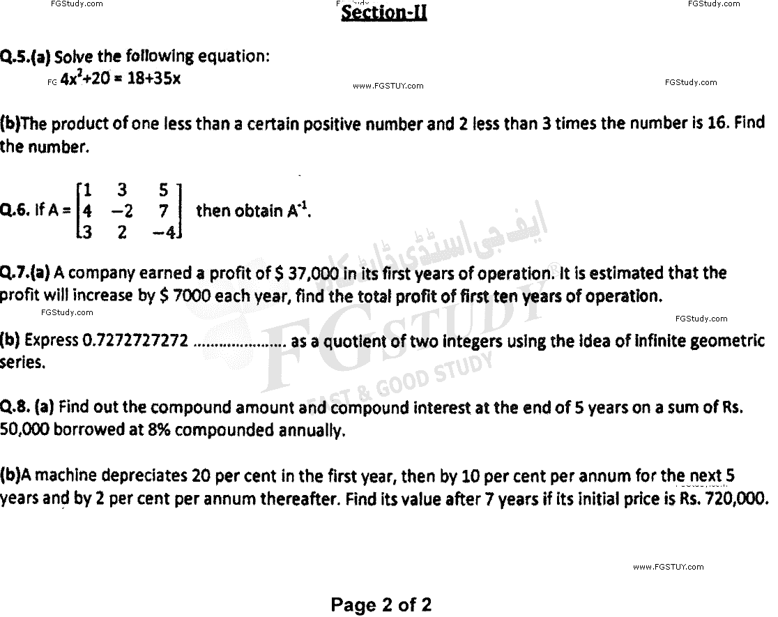 B Com Part 1 Business Mathematics And Statistics Past Paper 2019 Punjab University