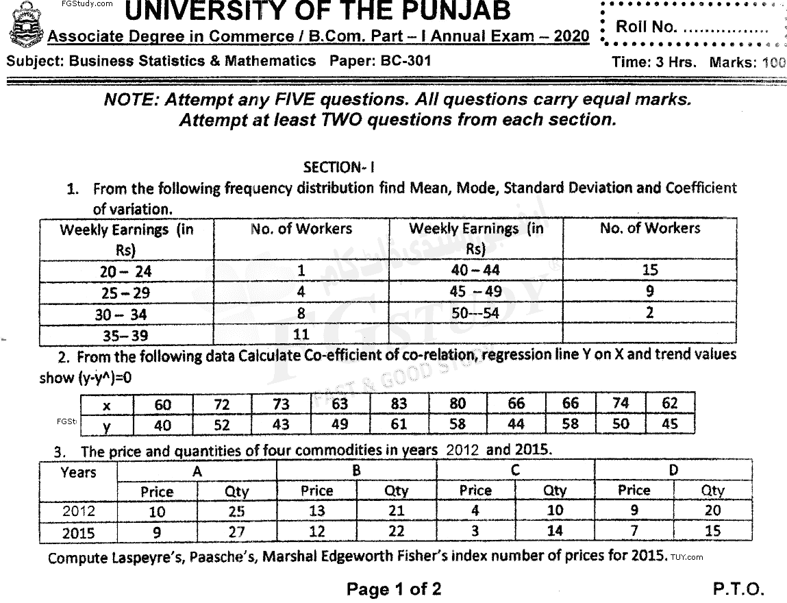 B Com Part 1 Business Mathematics And Statistics Past Paper 2020 Punjab University