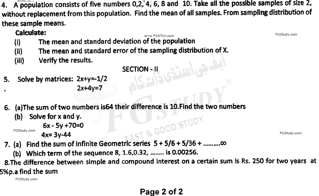 B Com Part 1 Business Mathematics And Statistics Past Paper 2020 Punjab University