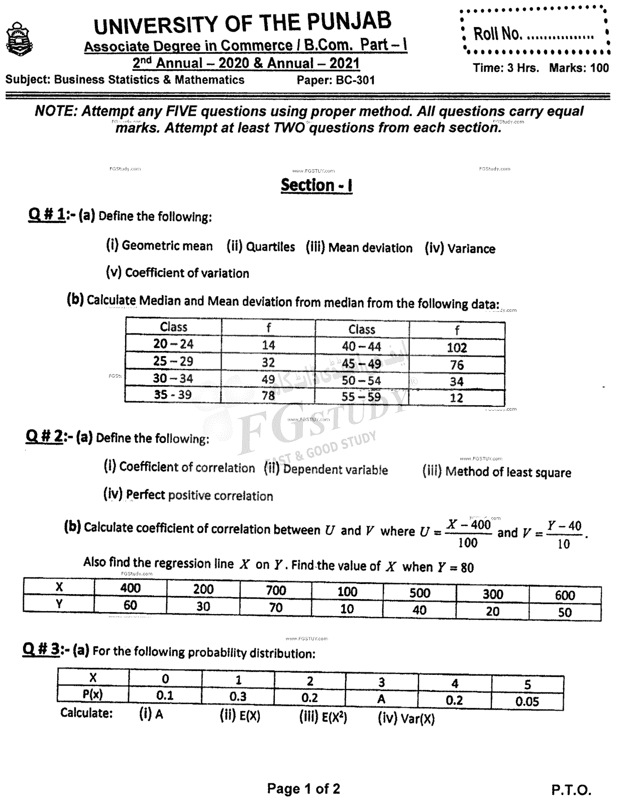 B Com Part 1 Business Mathematics And Statistics Past Paper 2021 Punjab University
