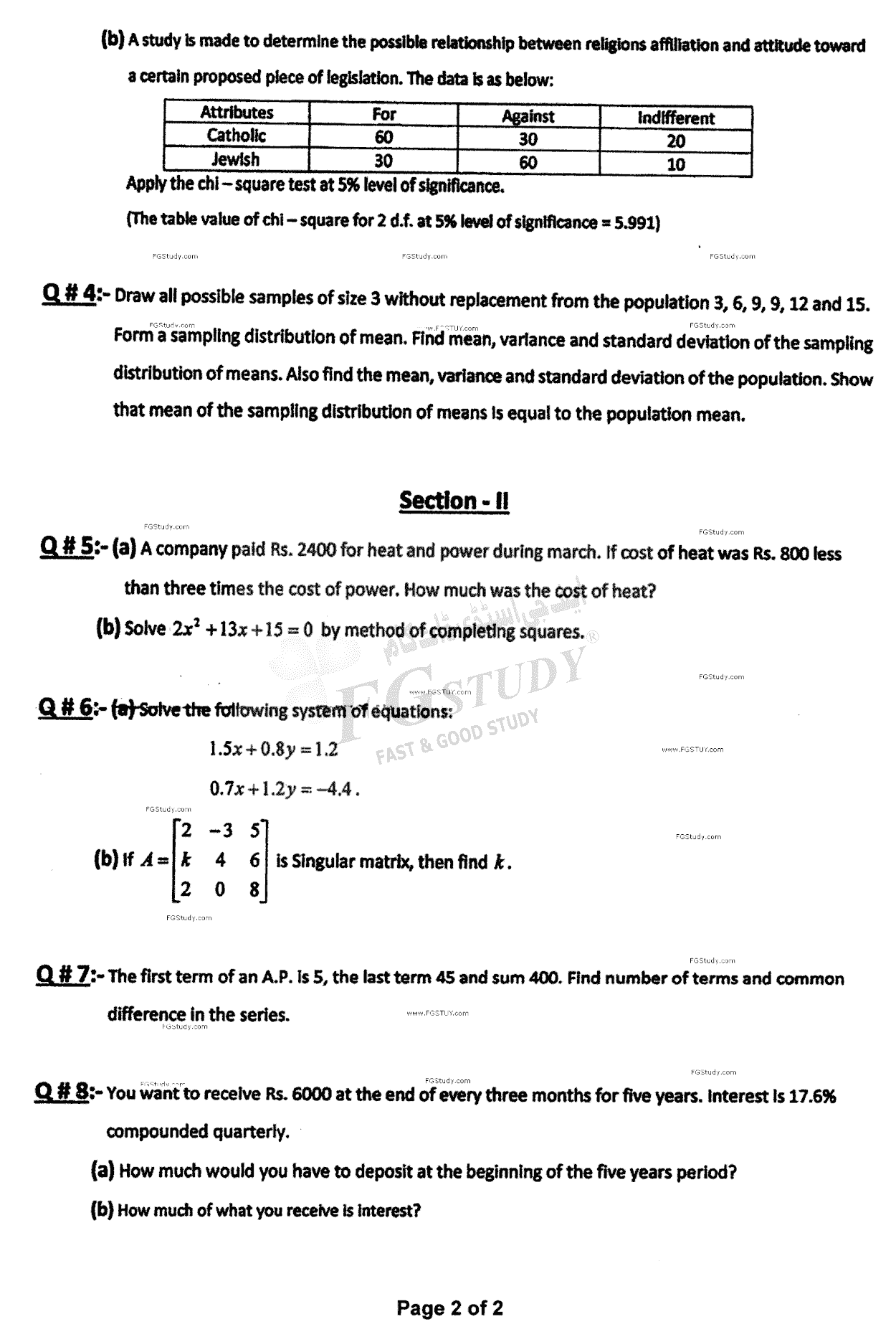 B Com Part 1 Business Mathematics And Statistics Past Paper 2021 Punjab University