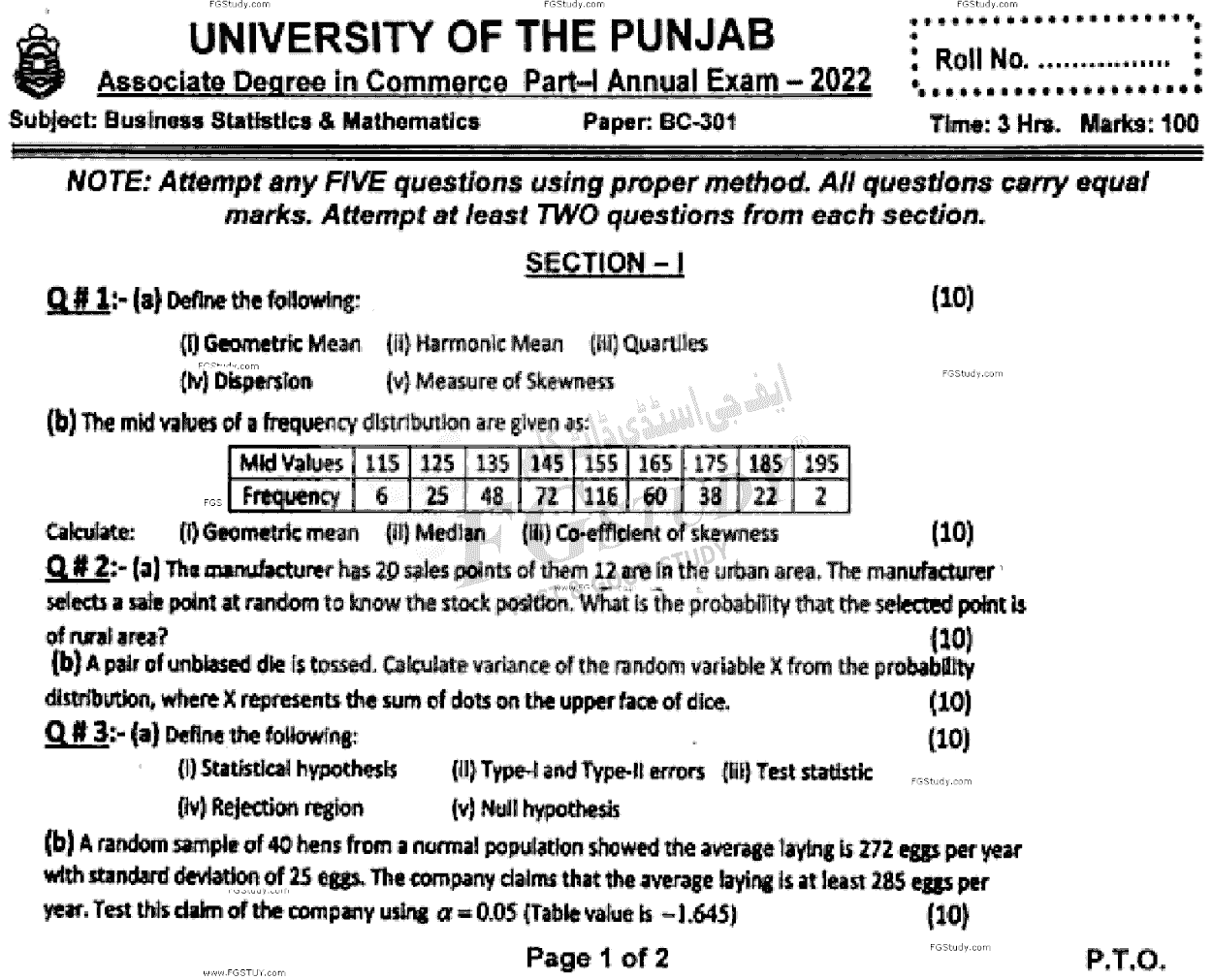 B Com Part 1 Business Mathematics And Statistics Past Paper 2022 Punjab University
