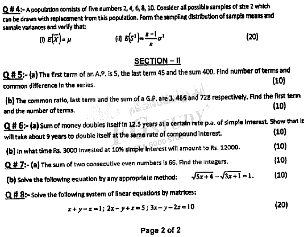 B Com Part 1 Business Mathematics And Statistics Past Paper 2022 Punjab University