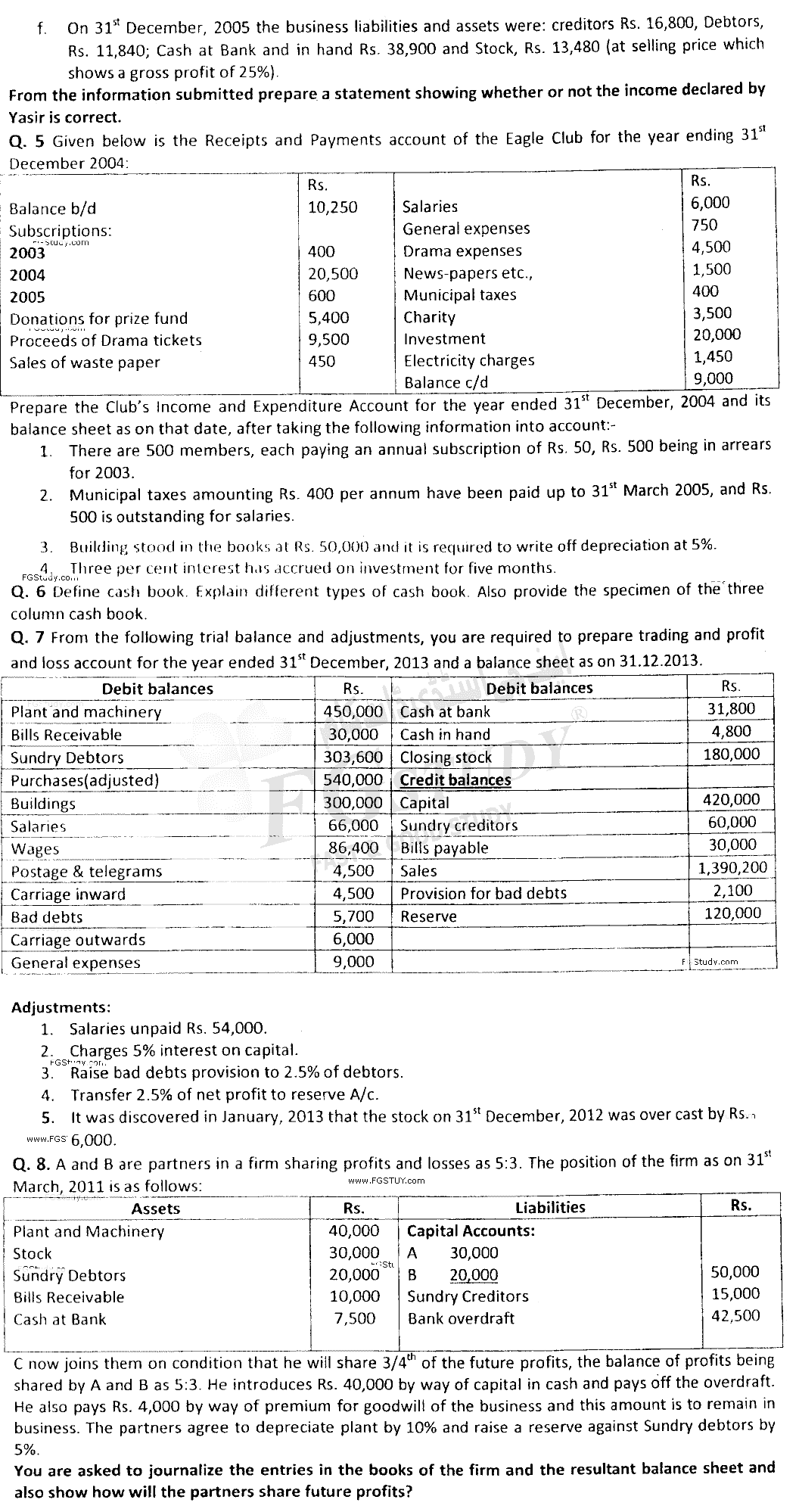 B Com Part 1 Financial Accounting Past Paper 2014 Punjab University