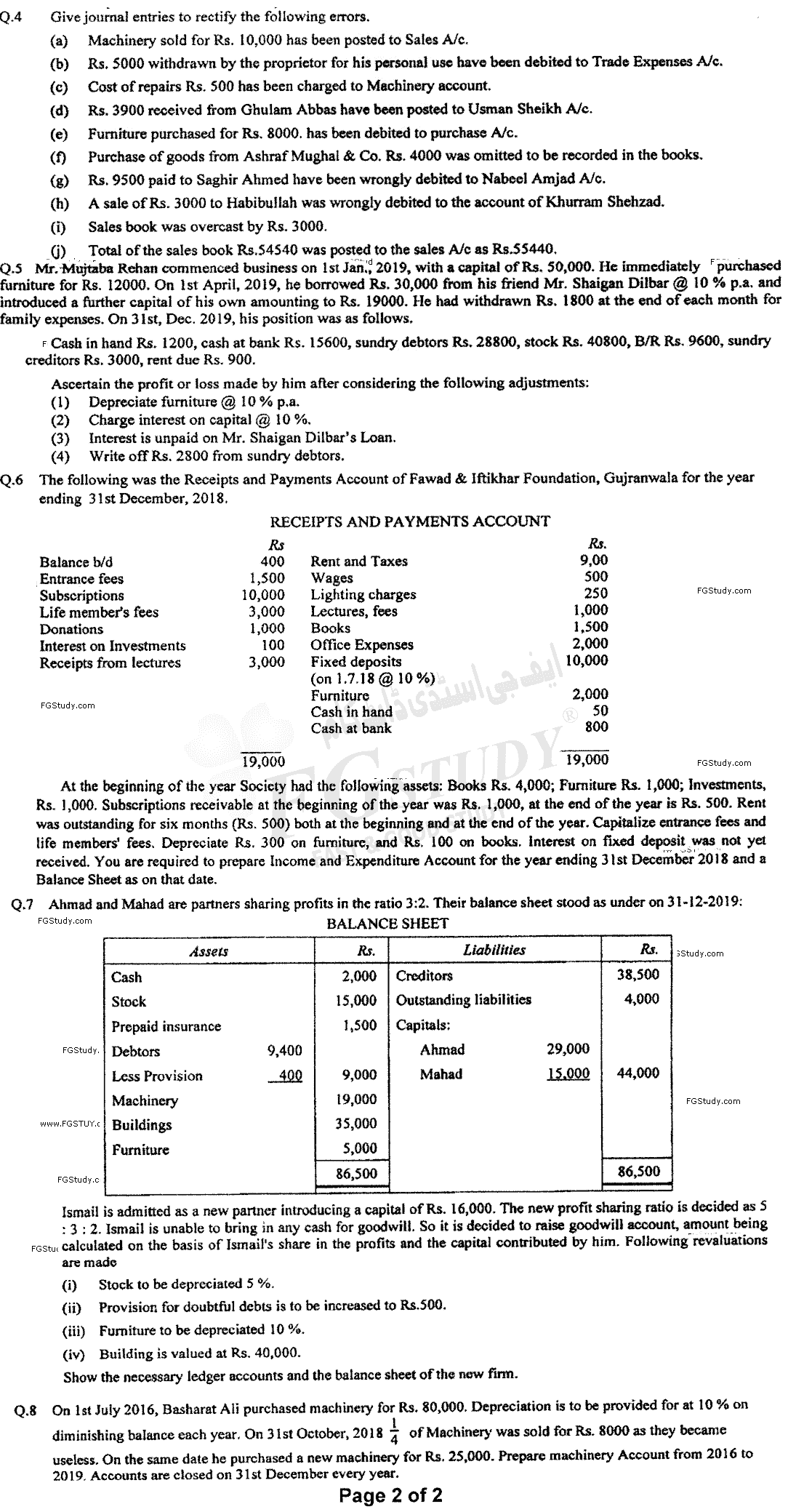 B Com Part 1 Financial Accounting Past Paper 2020 Punjab University