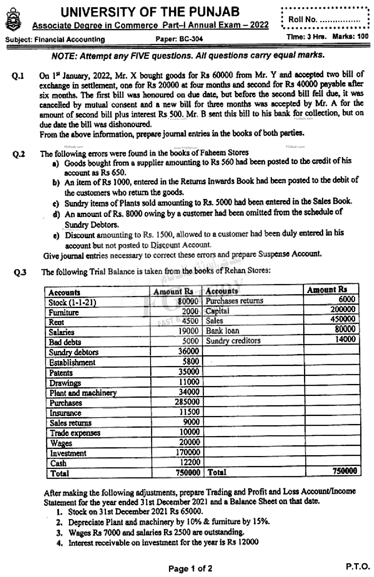B Com Part 1 Financial Accounting Past Paper 2022 Punjab University