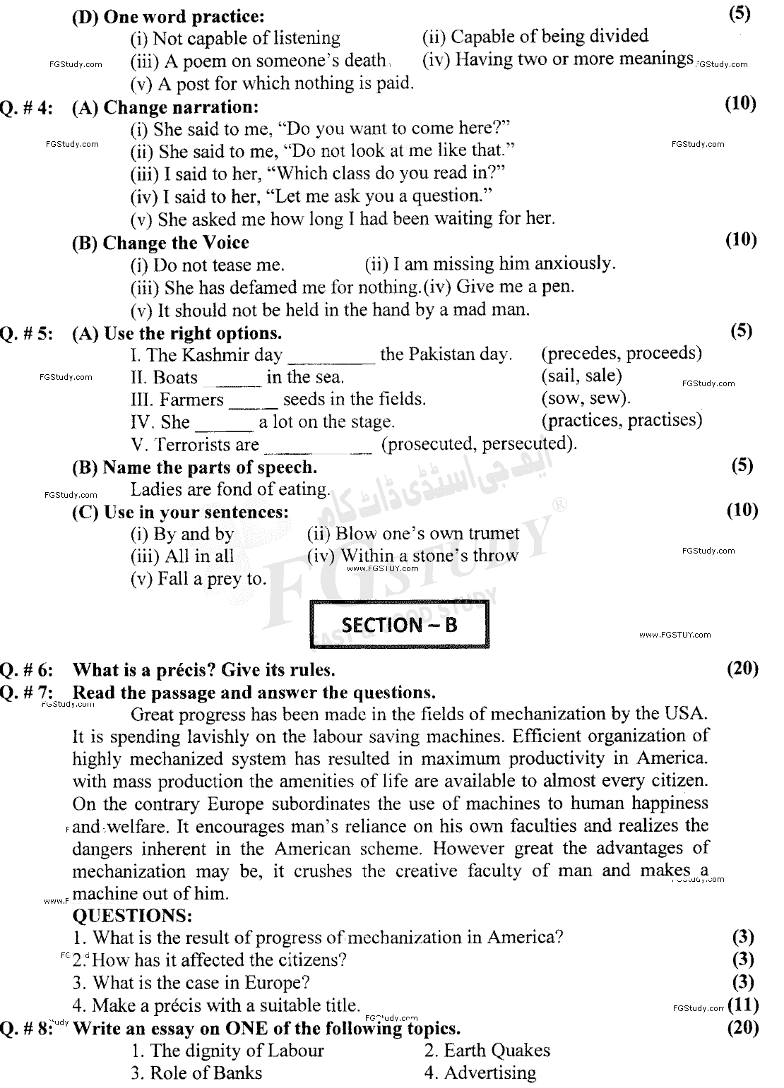 B Com Part 1 Functional English Past Paper 2015 Punjab University Objective