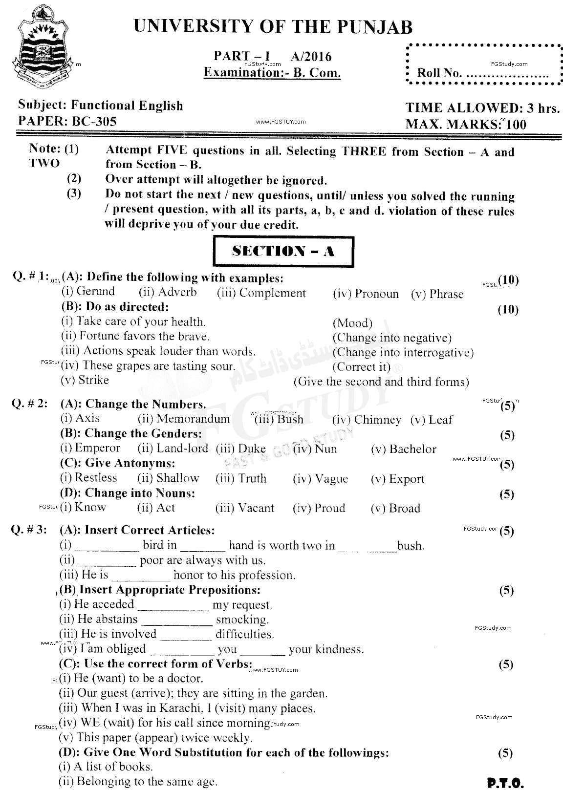 B Com Part 1 Functional English Past Paper 2016 Punjab University Objective