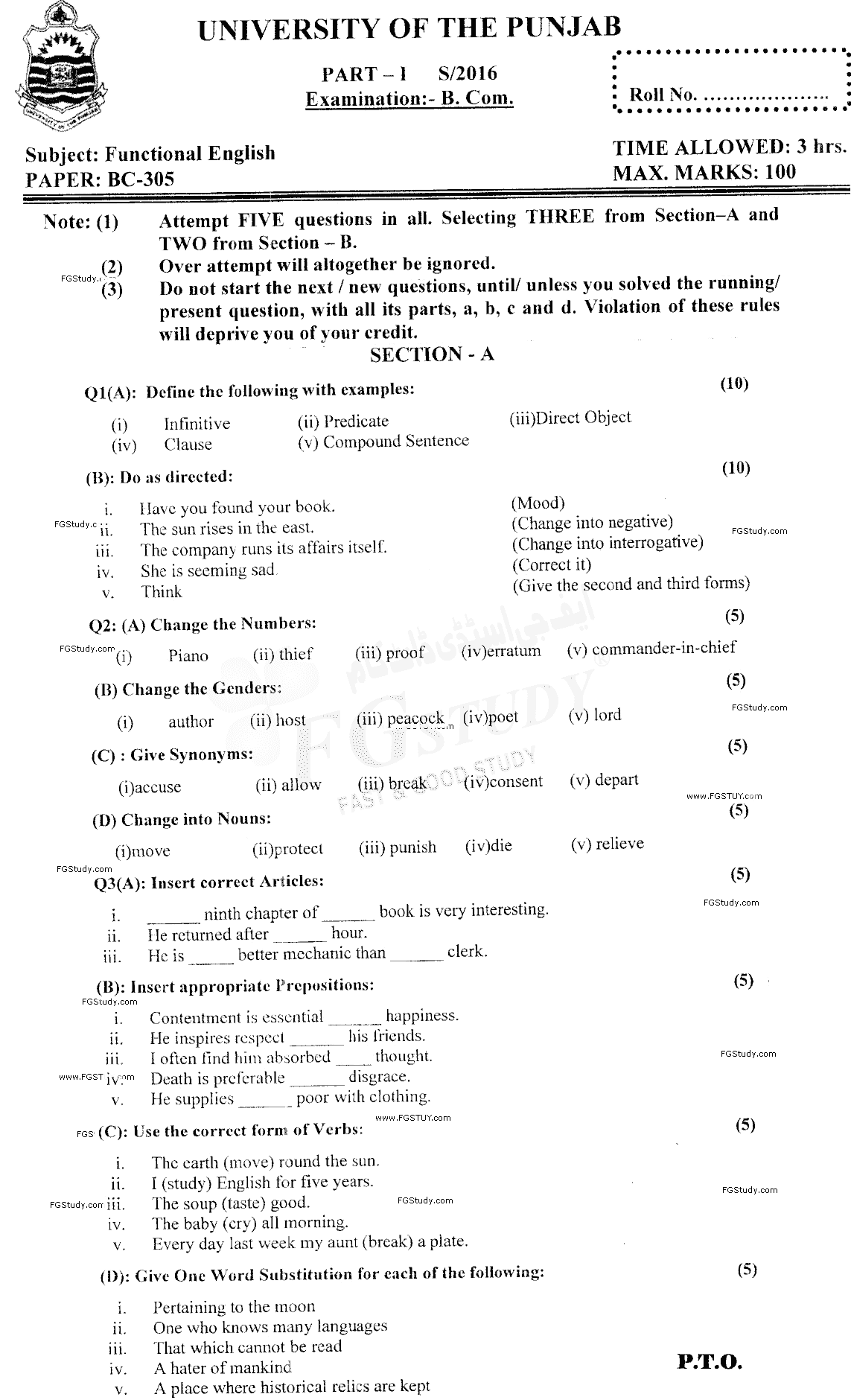 B Com Part 1 Functional English Past Paper 2016 Punjab University Objective