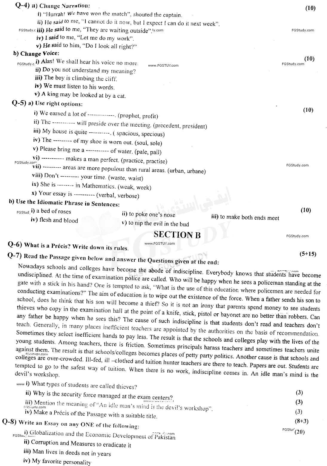 B Com Part 1 Functional English Past Paper 2018 Punjab University Objective