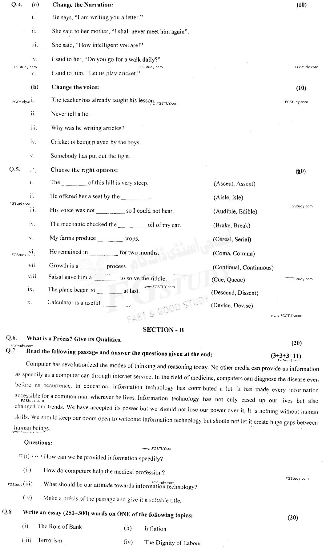 B Com Part 1 Functional English Past Paper 2019 Punjab University Objective