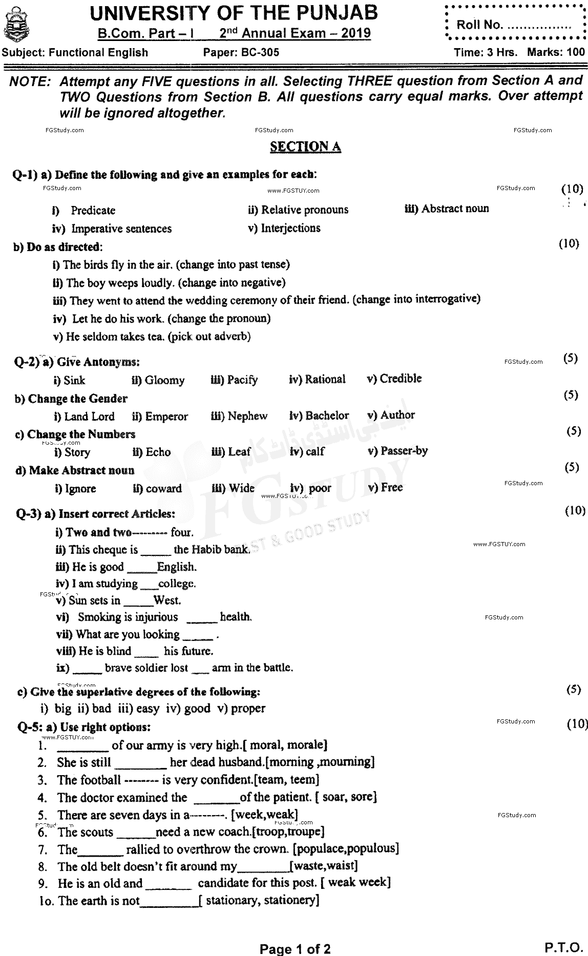 B Com Part 1 Functional English Past Paper 2019 Punjab University Objective