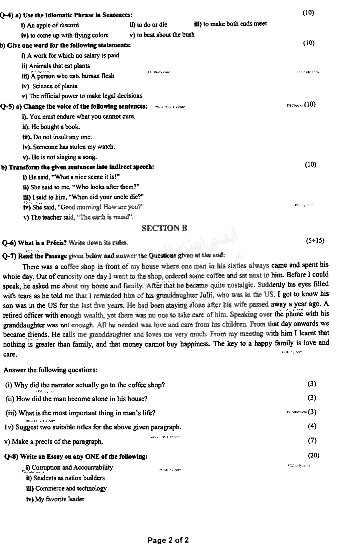 B Com Part 1 Functional English Past Paper 2019 Punjab University Objective