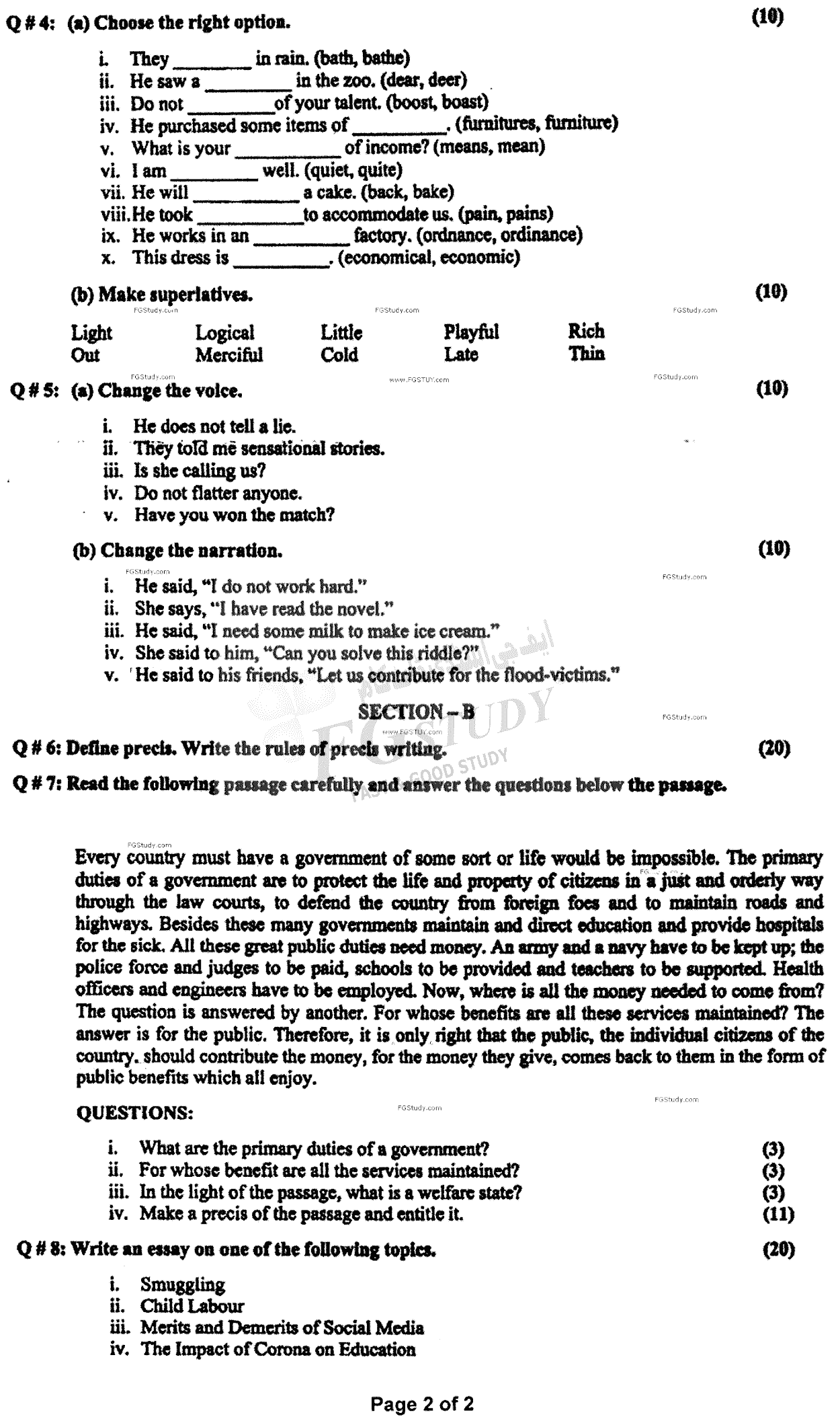 B Com Part 1 Functional English Past Paper 2021 Punjab University