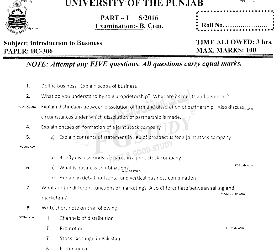 B Com Part 1 Introduction To Business Past Paper 2016 Punjab University