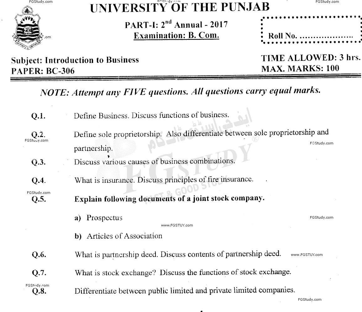 B Com Part 1 Introduction To Business Past Paper 2017 Punjab University