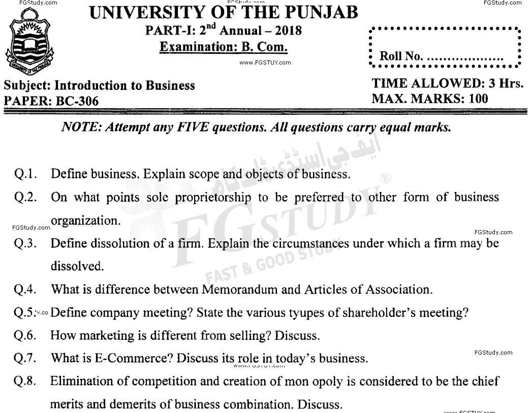 B Com Part 1 Introduction To Business Past Paper 2018 Punjab University