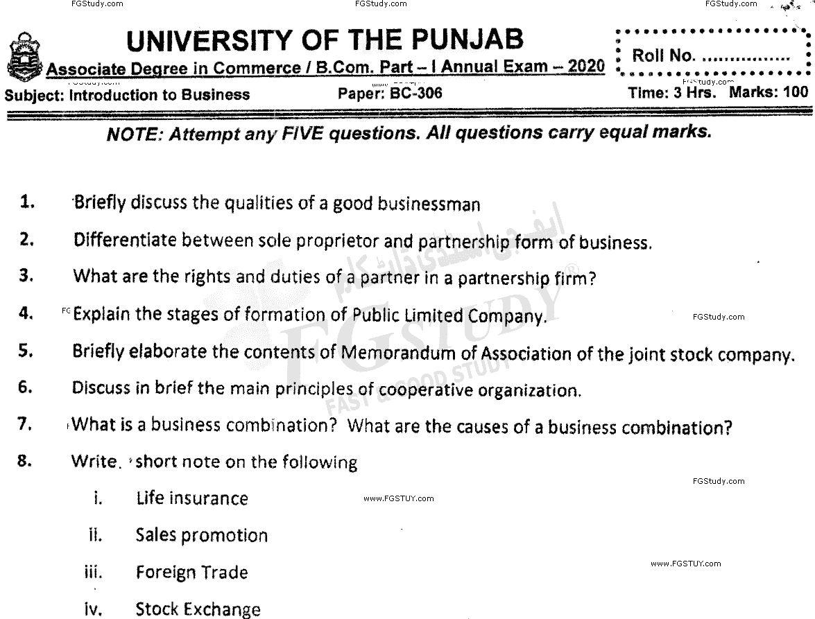 B Com Part 1 Introduction To Business Past Paper 2020 Punjab University