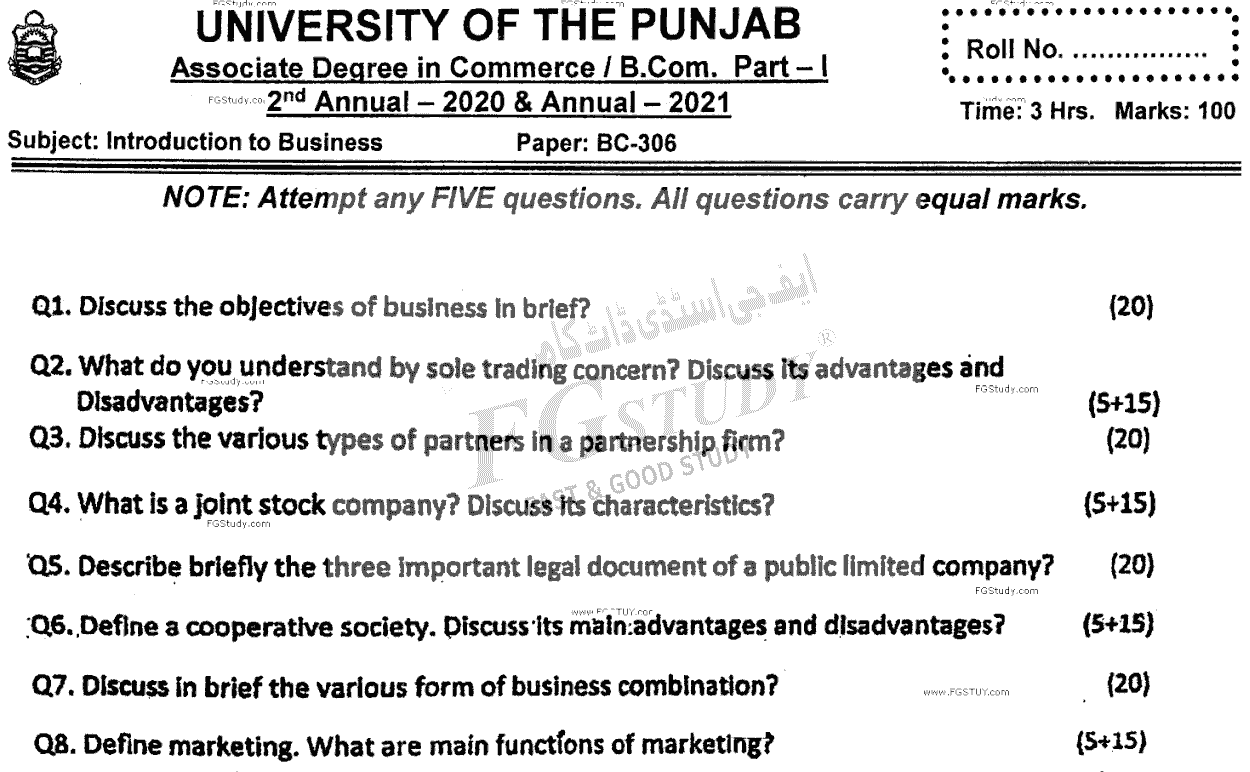 B Com Part 1 Introduction To Business Past Paper 2021 Punjab University