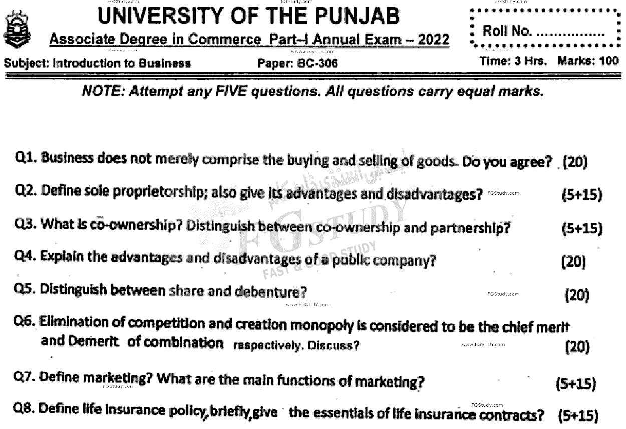 B Com Part 1 Introduction To Business Past Paper 2022 Punjab University
