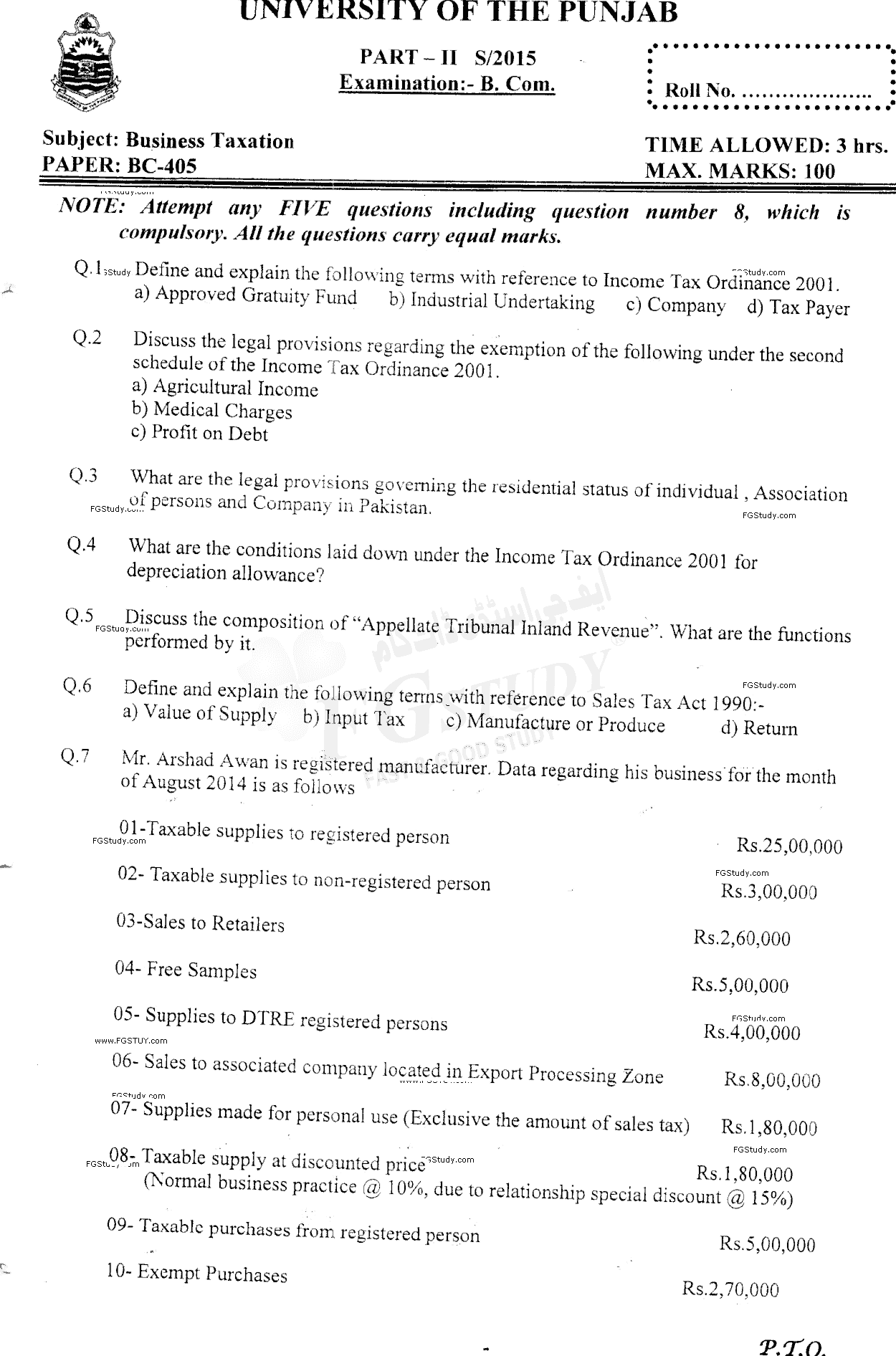 B Com Part 2 Business Taxation Past Paper 2015 Punjab University