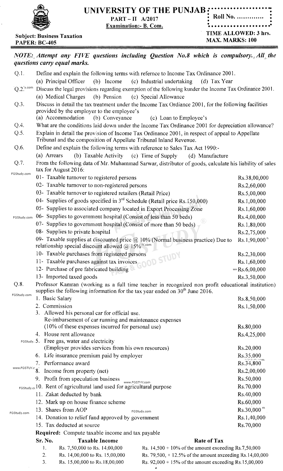 B Com Part 2 Business Taxation Past Paper 2017 Punjab University