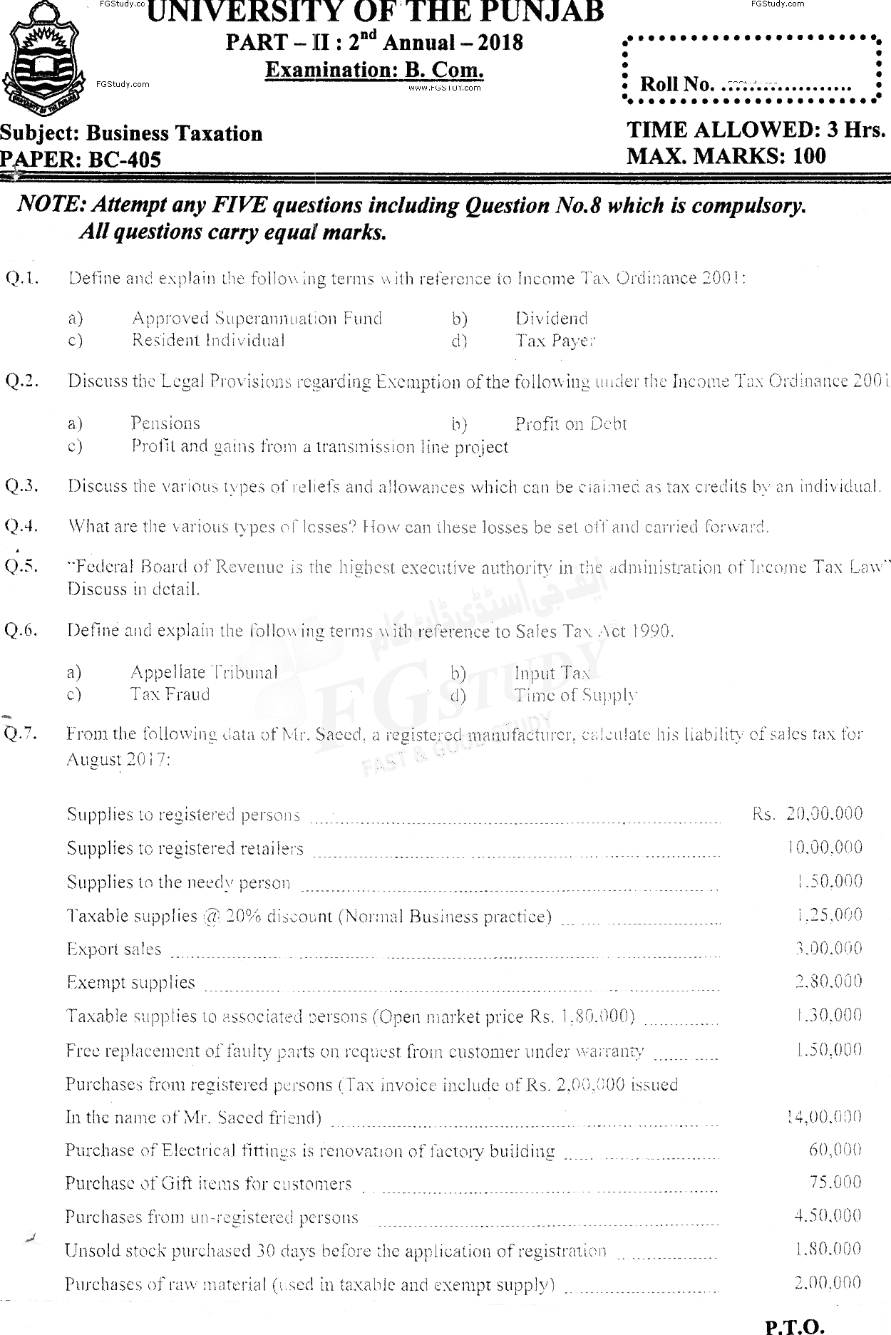 B Com Part 2 Business Taxation Past Paper 2018 Punjab University