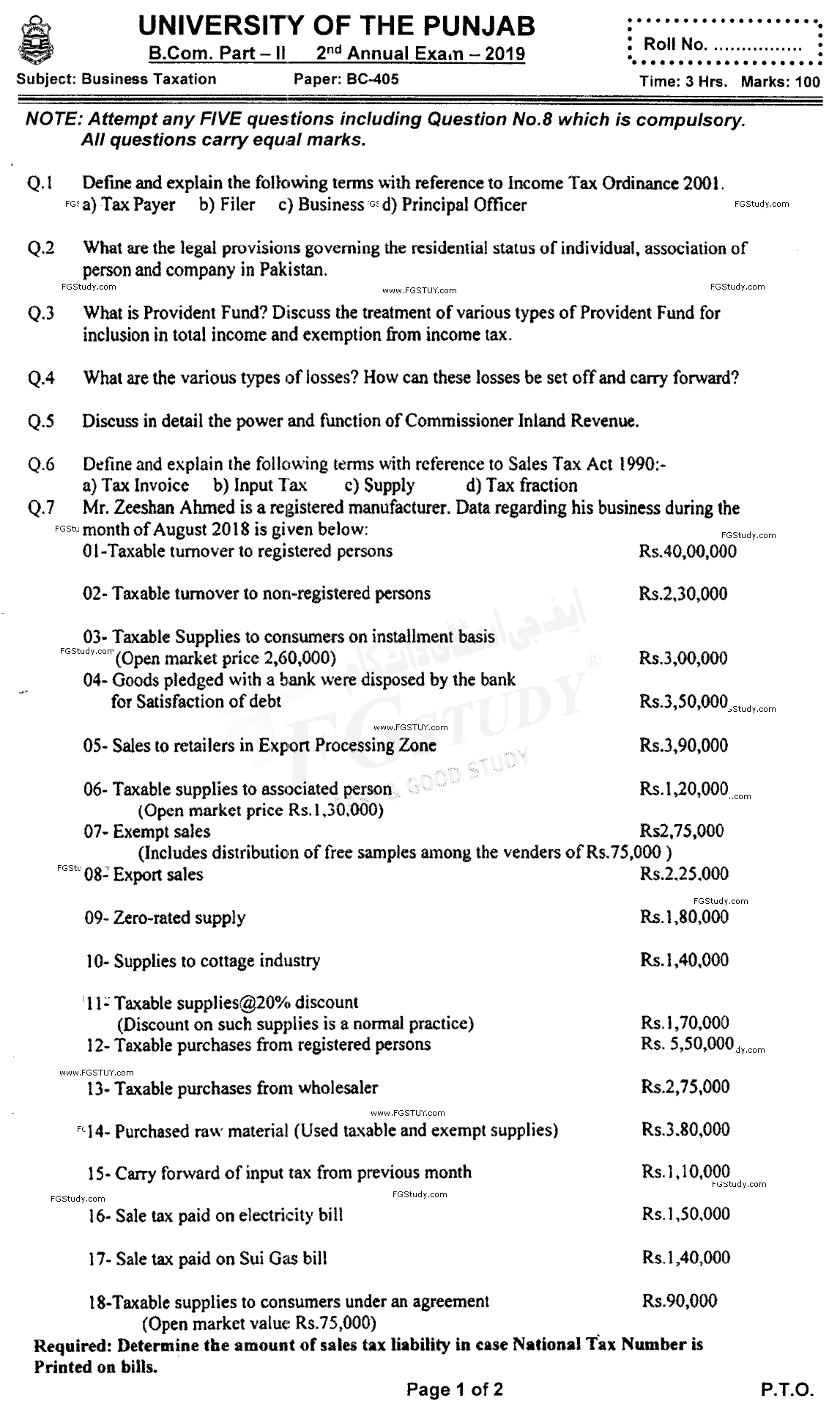 B Com Part 2 Business Taxation Past Paper 2019 Punjab University