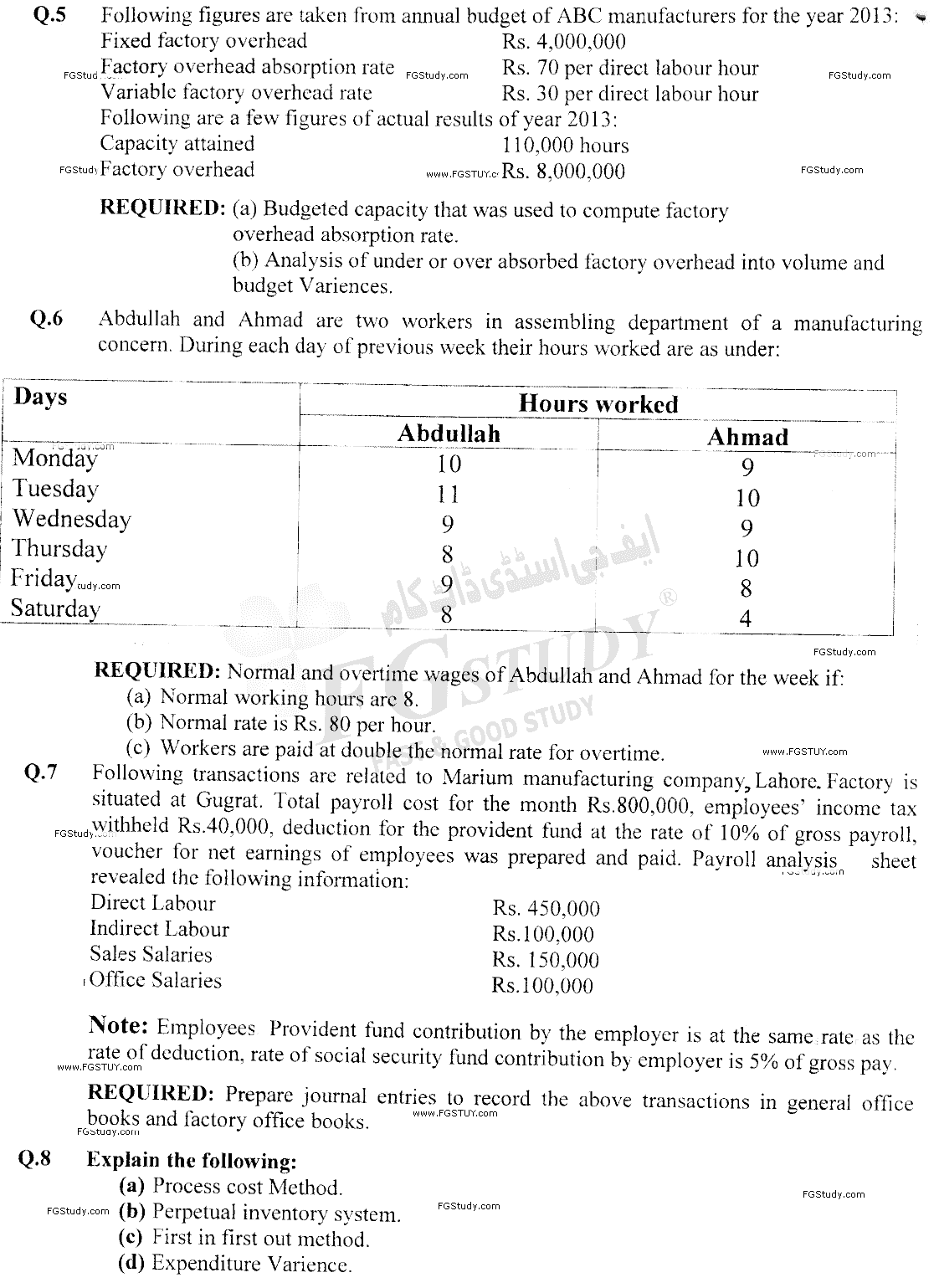 B Com Part 2 Cost Accounting Past Paper 2014 Punjab University