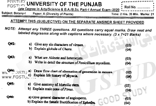 BSc Part 1 Botany 1 Diversity Of Plants Past Paper 2020 Punjab University Subjective