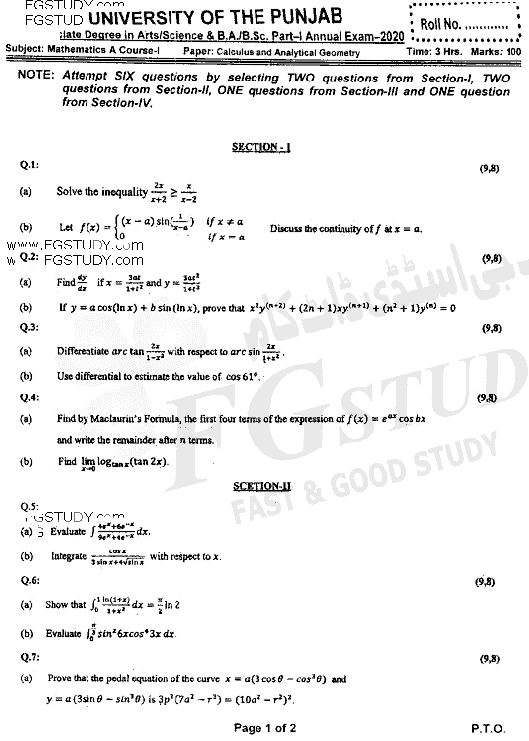 BSc Part 1 Mathematics A Course 1 Calculus And Analytical Geometry Past Paper 2020 Punjab University