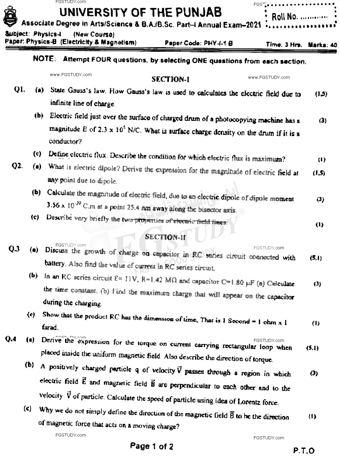 BSc Part 1 Physics 1 Electricity And Magnetism Past Paper 2021 Punjab University Subjective
