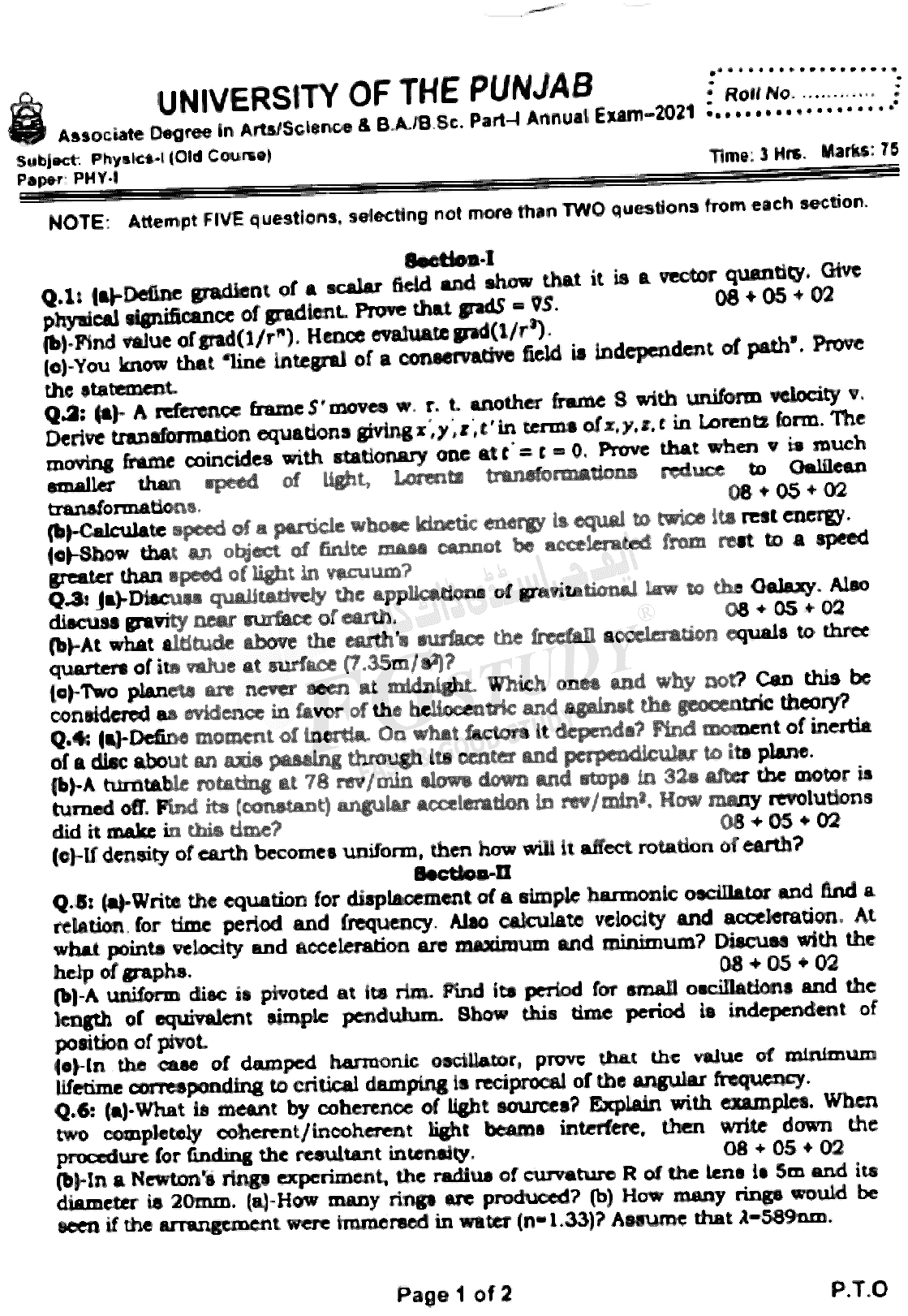 BSc Part 1 Physics 1 Past Paper 2021 Punjab University Subjective