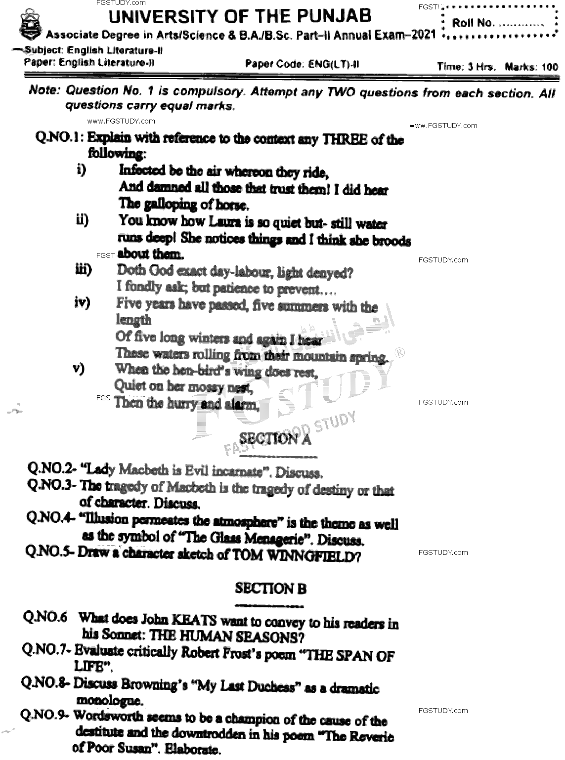 BSc Part 2 English Literature 2 Past Paper 2021 Punjab University Subjective