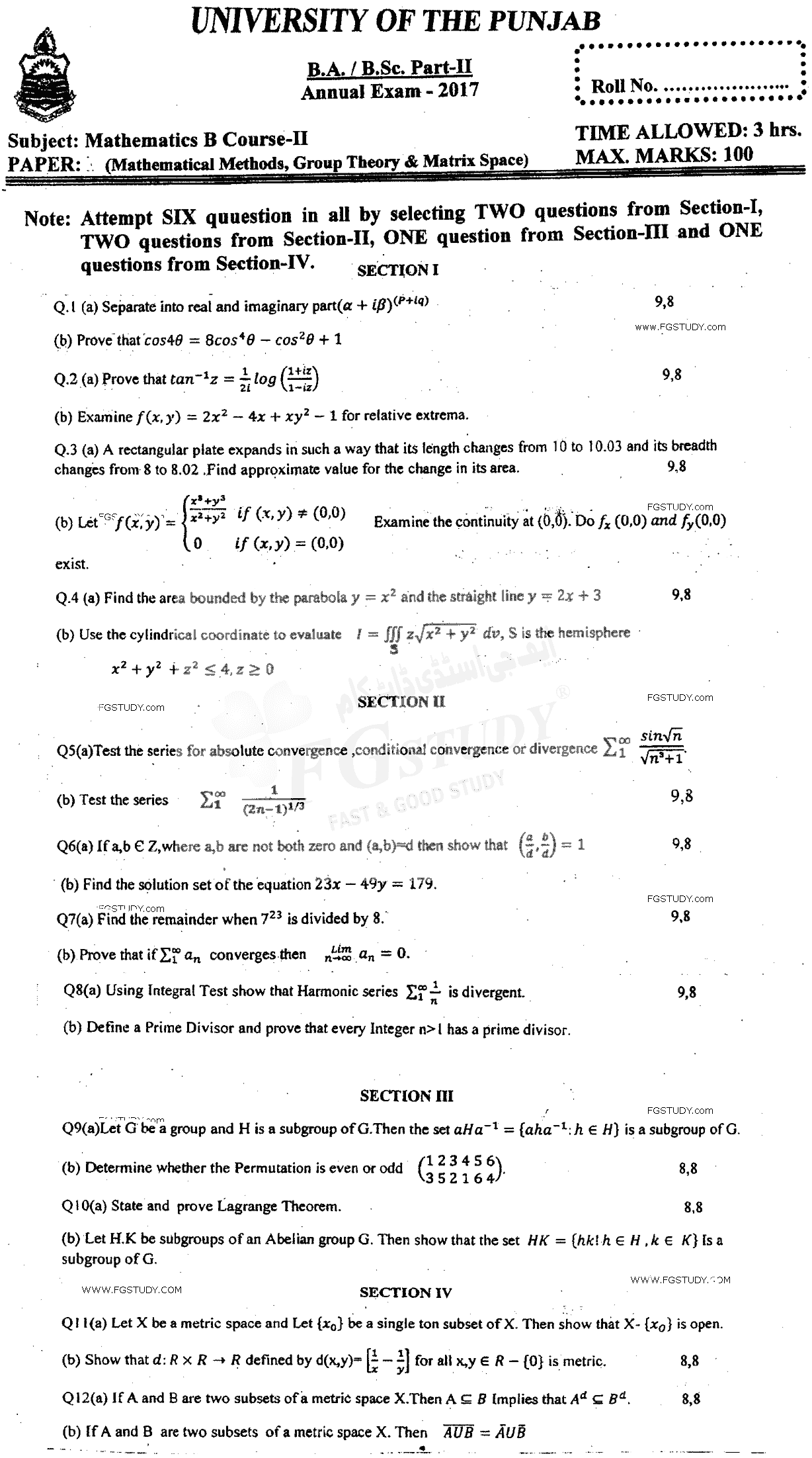 BSc Part 2 Mathematics B Course 2 Mathematical Methods Group Theory And Metric Spaces Past Paper 2017 Punjab University